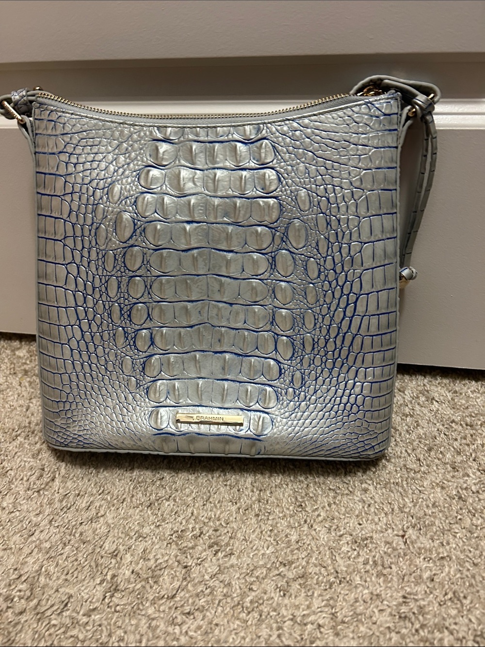 Brahmin Silver and Blue Croc-Embossed Crossbody
